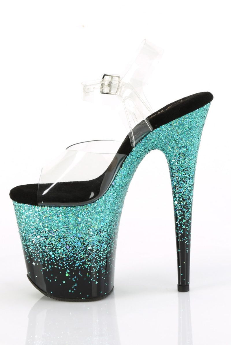 Pleaser USA Flamingo-808SS 8inch Pleasers - Black/Turquoise Glitter-Pleaser USA-Pole Junkie