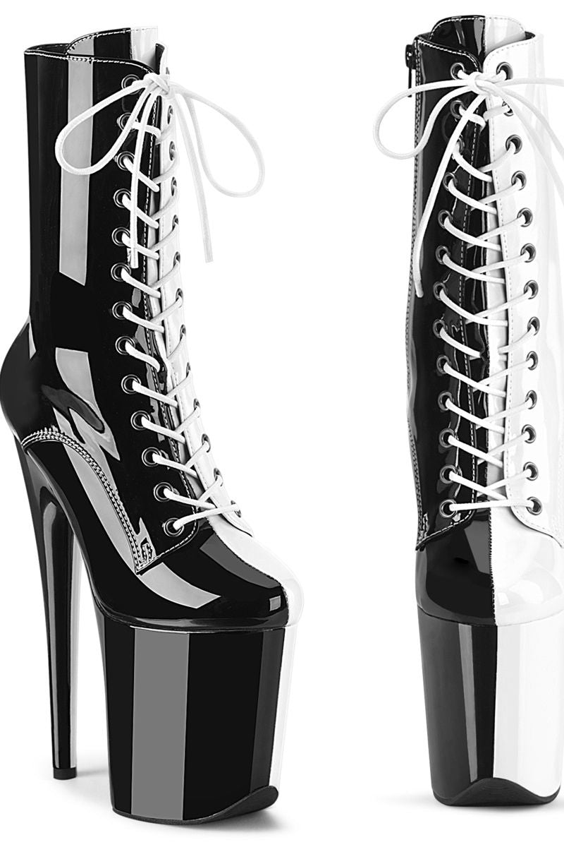 Pleaser USA Flamingo-1040TT 8inch Pleaser Boots - Patent Black/White-Pleaser USA-Pole Junkie