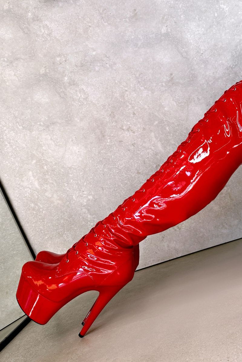 Hella Heels LipKit Thigh High Front Lace 7inch Boots - Cherry Pie-Hella Heels-Pole Junkie