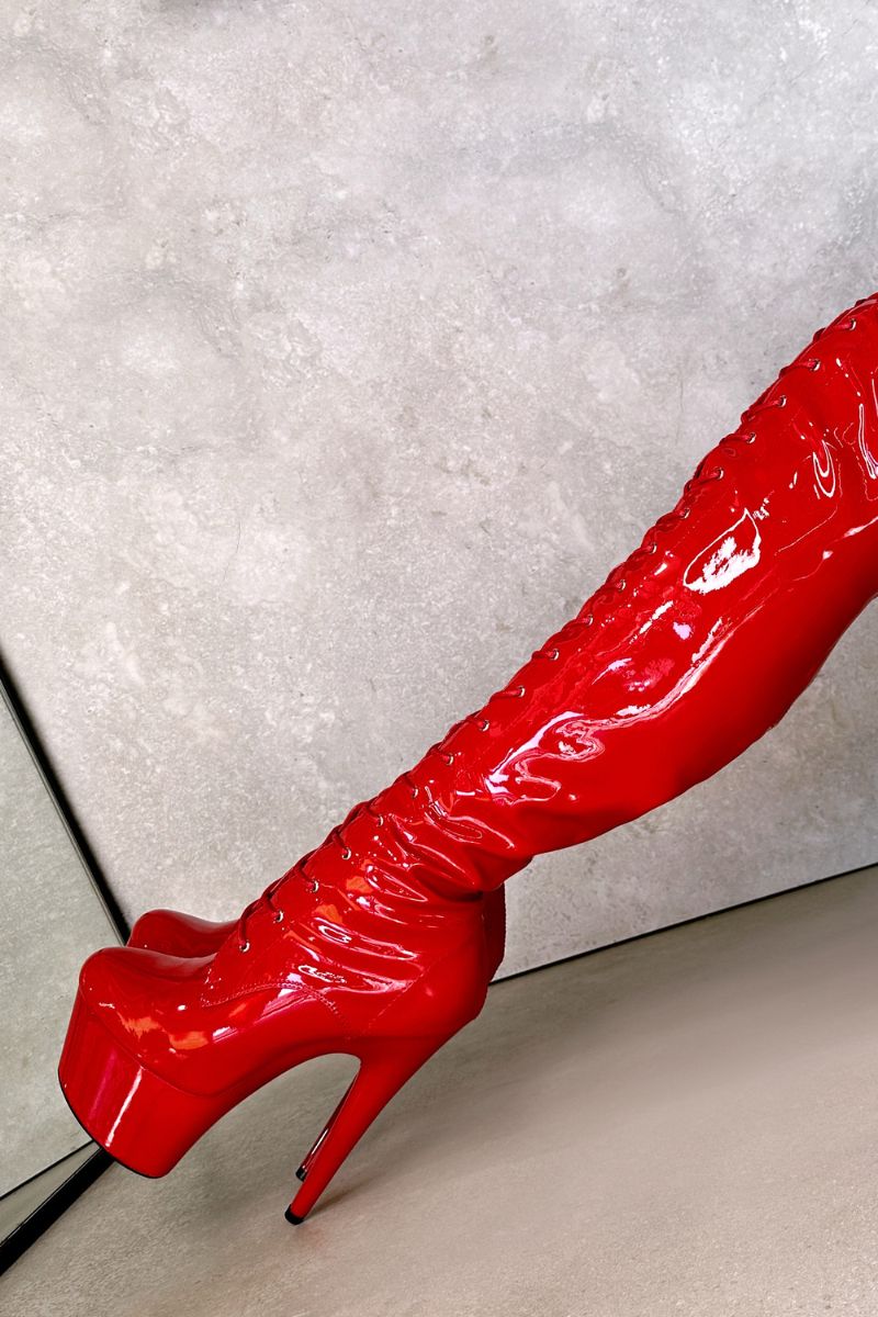 Hella Heels LipKit Thigh High Front Lace 7inch Boots - Cherry Pie-Hella Heels-Pole Junkie