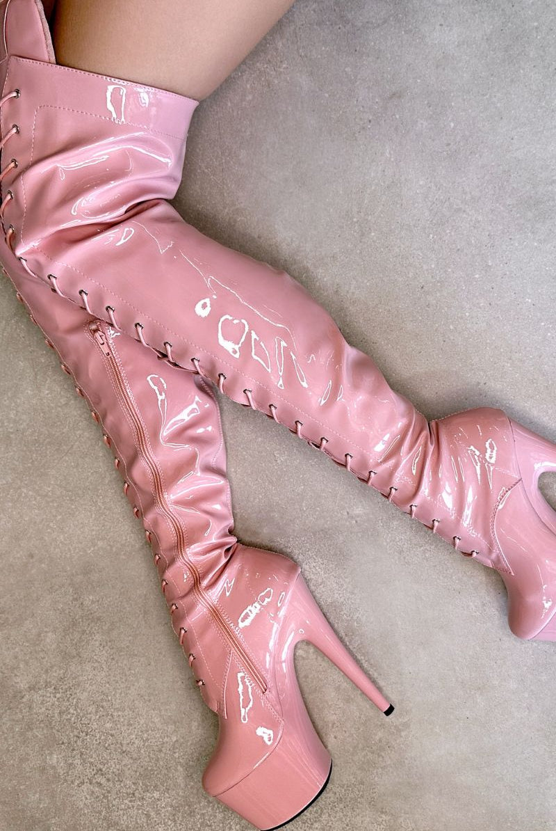 Hella Heels LipKit Thigh High Front Lace 7inch Boots - Candy Shop-Hella Heels-Pole Junkie