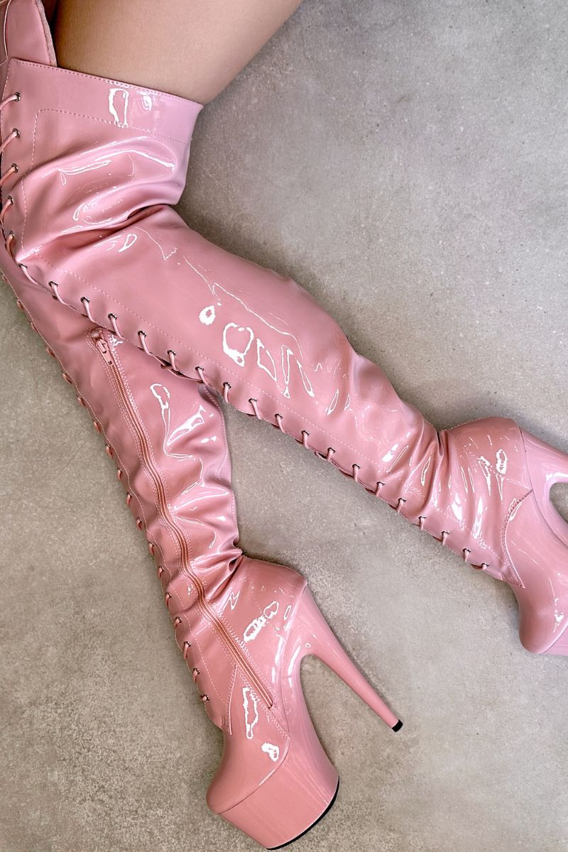 Hella Heels LipKit Thigh High Front Lace 7inch Boots - Candy Shop-Hella Heels-Pole Junkie