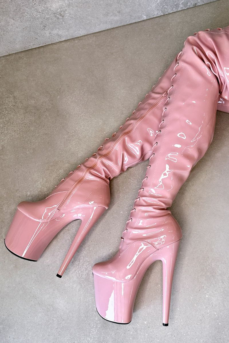 Hella Heels LipKit Thigh High Front Lace 8inch Boots - Candy Shop-Hella Heels-Pole Junkie