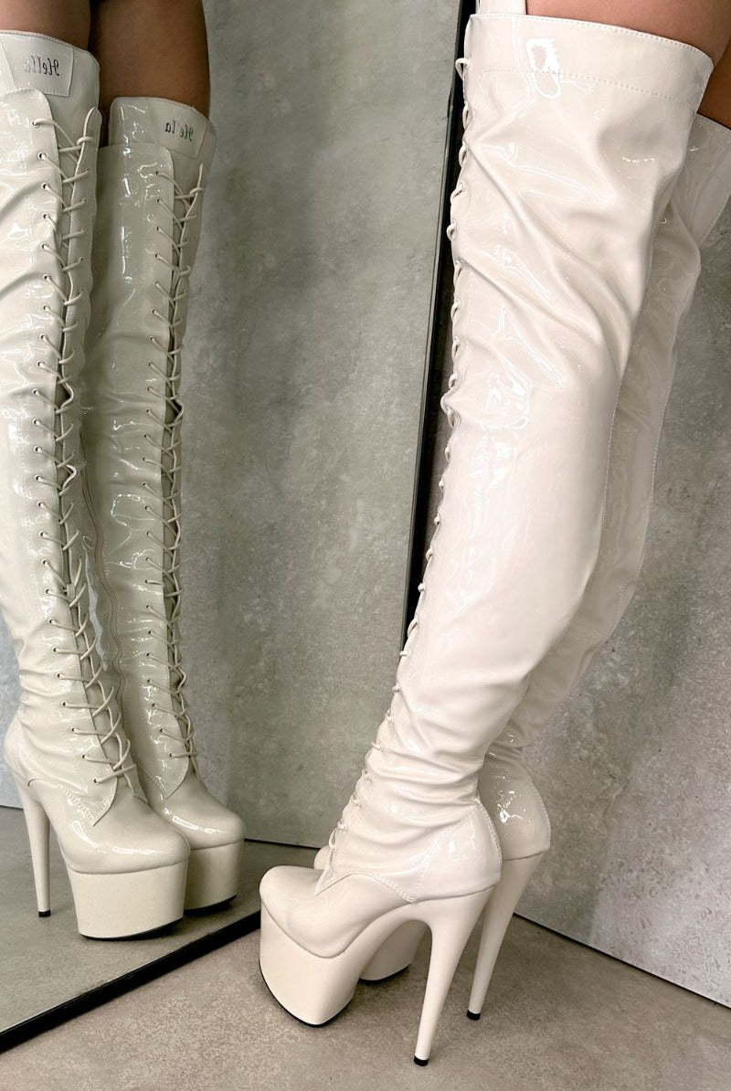 Hella Heels LipKit Thigh High Front Lace 7inch Boots - No Angel-Hella Heels-Pole Junkie