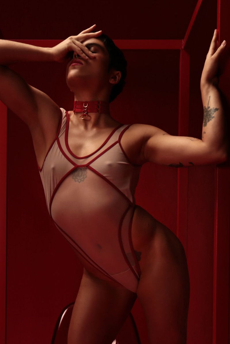 Rolling Vertigo Bodysuit - Beige/Cherry-Rolling-Pole Junkie