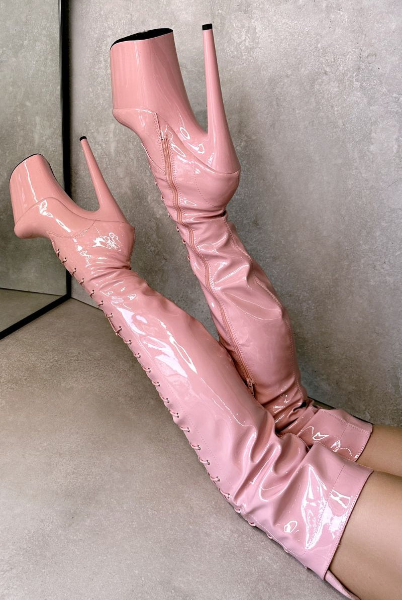 Hella Heels LipKit Thigh High Front Lace 8inch Boots - Candy Shop-Hella Heels-Pole Junkie