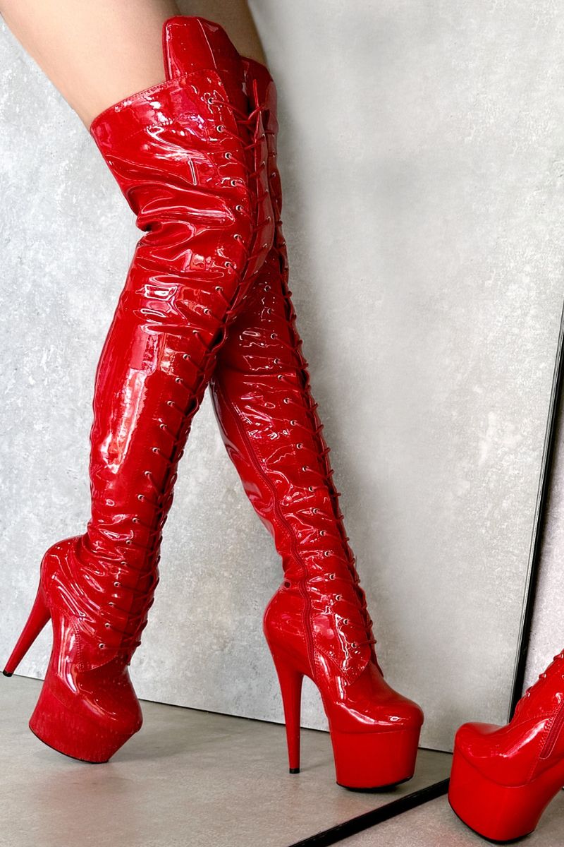 Hella Heels LipKit Thigh High Front Lace 7inch Boots - Cherry Pie-Hella Heels-Pole Junkie