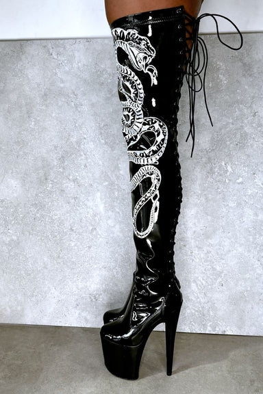 Hella Heels Viper Thigh High 8inch Boots - Black/White Snake-Hella Heels-Pole Junkie