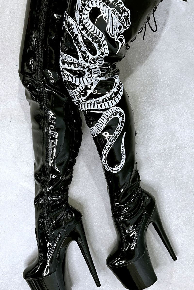 Hella Heels Thicc Thigh High 8inch Boots - Black/White Snake-Hella Heels-Pole Junkie