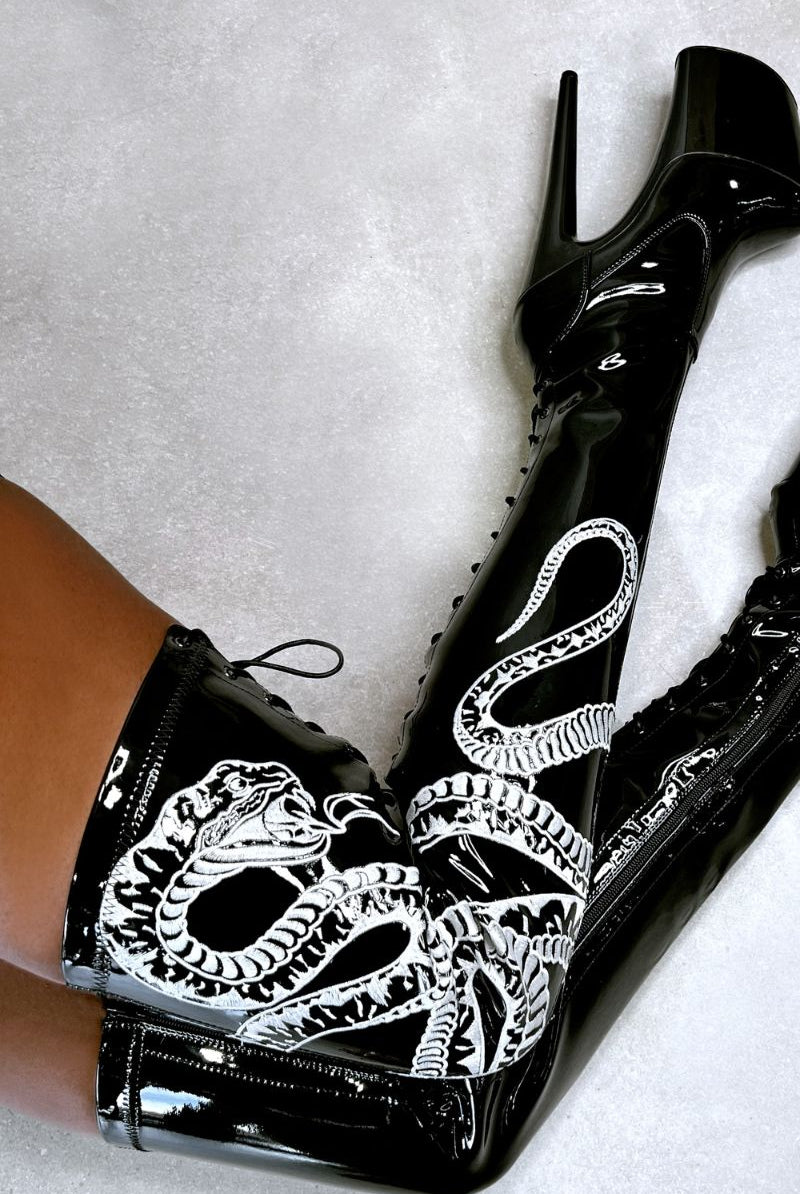 Hella Heels Viper Thigh High 8inch Boots - Black/White Snake-Hella Heels-Pole Junkie