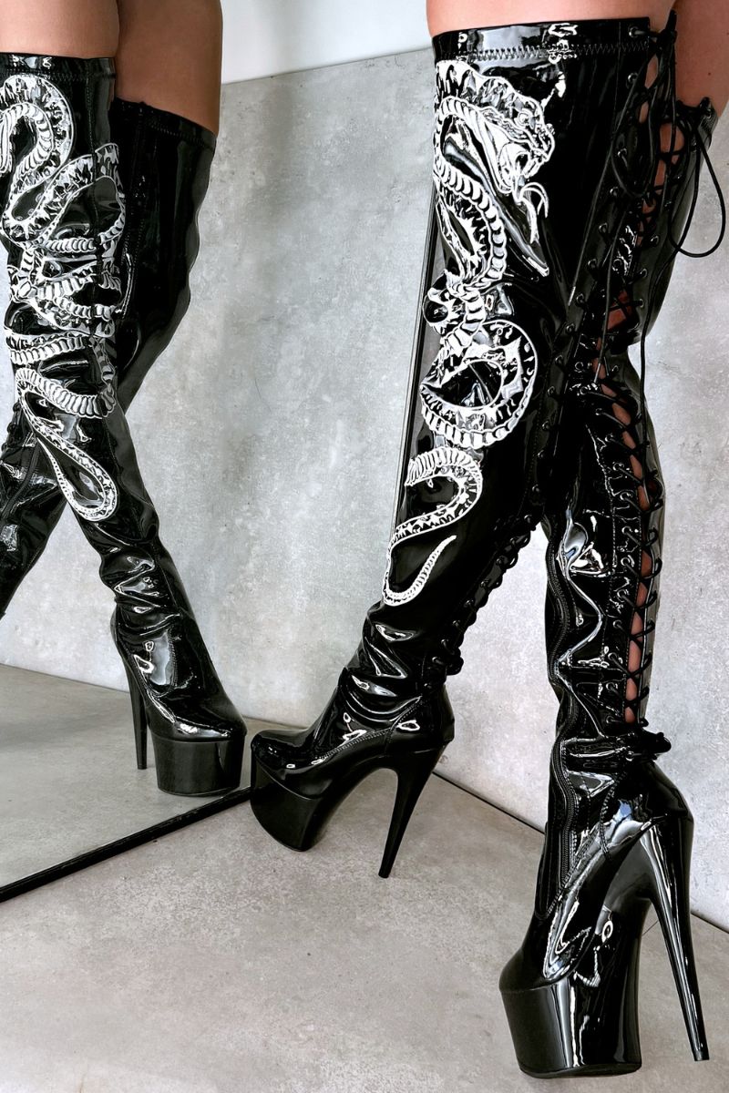 Hella Heels Viper Thigh High 7inch Boots - Black/White Snake-Hella Heels-Pole Junkie