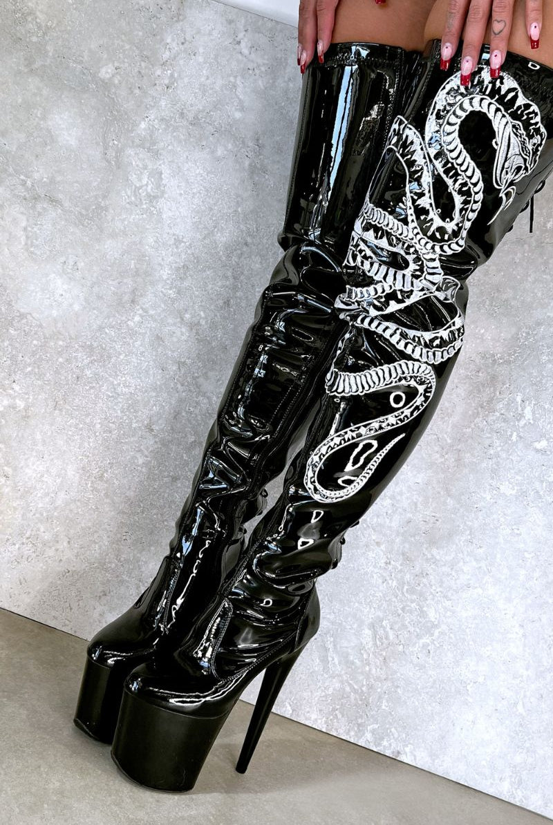 Hella Heels Thicc Thigh High 8inch Boots - Black/White Snake-Hella Heels-Pole Junkie