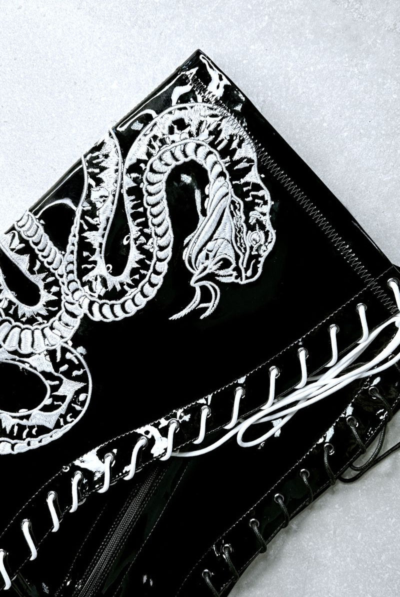 Hella Heels Viper Thigh High 8inch Boots - Black/White Snake-Hella Heels-Pole Junkie