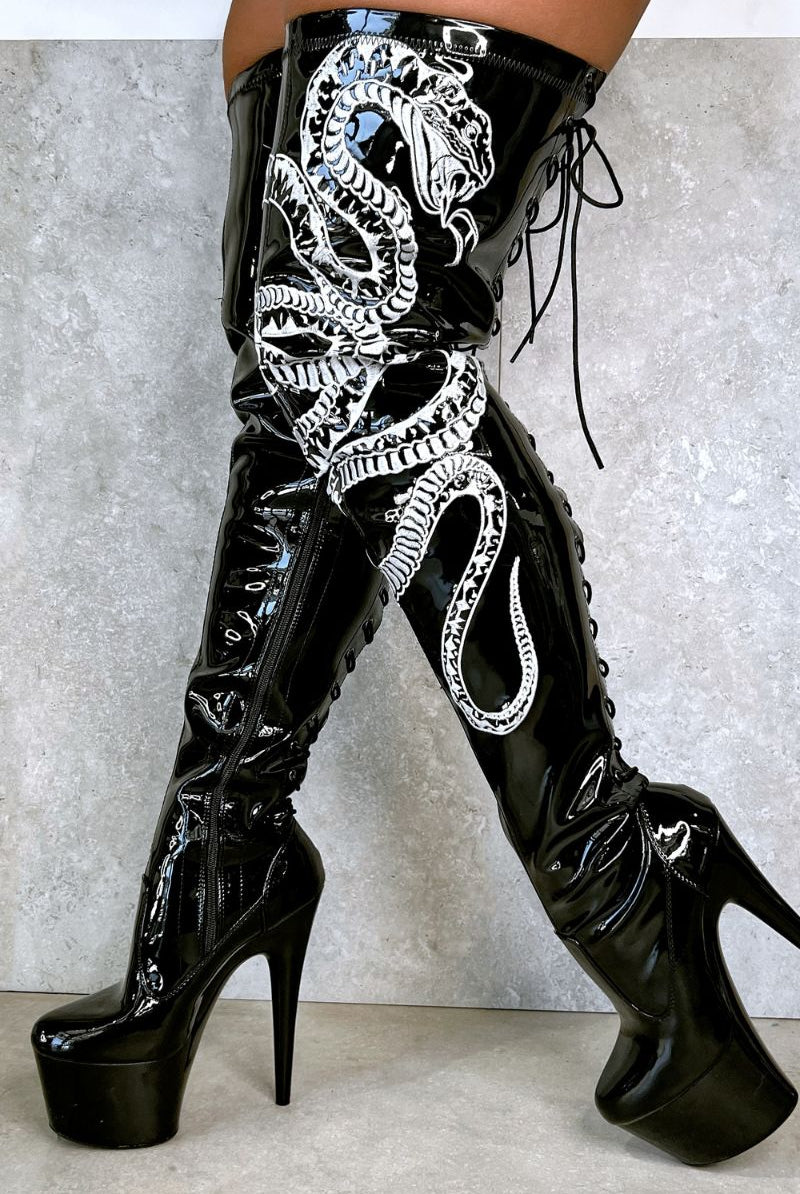 Hella Heels Thicc Thigh High 7inch Boots - Black/White Snake-Hella Heels-Pole Junkie
