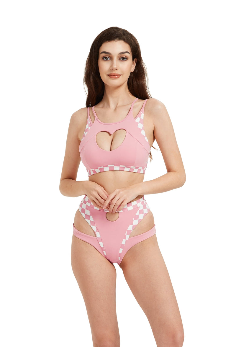 Hamade Activewear Heart Cut Out Top - Checkered Light Pink-Hamade Activewear-Pole Junkie