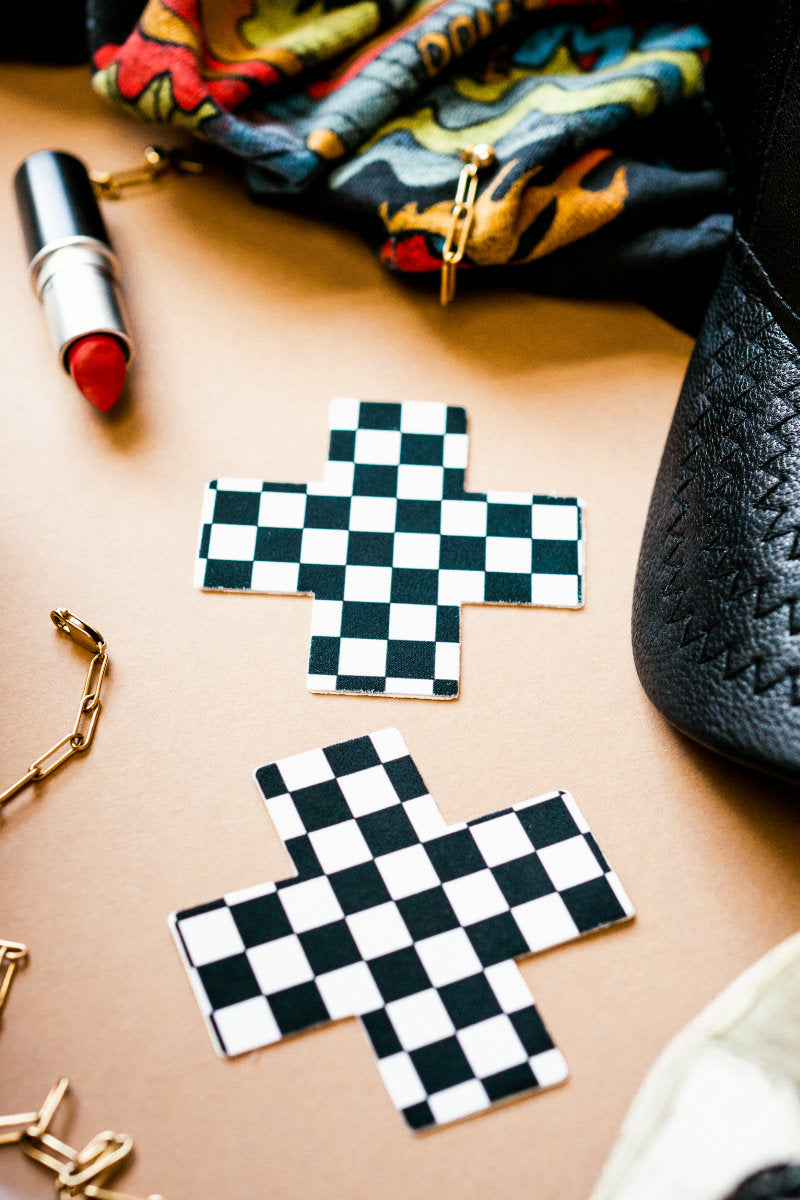 Pastease Cross Nipple Pasties - Black & White Checker-Pastease-Pole Junkie