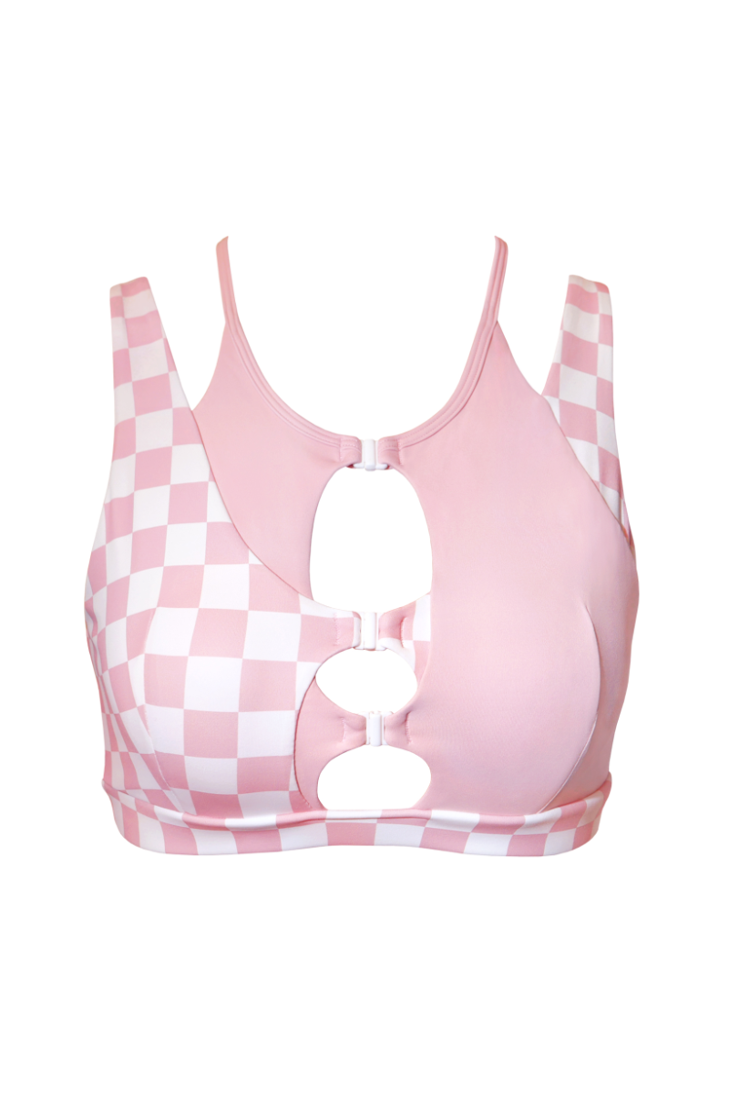 Hamade Activewear Hollow Front Top - Checkered Light Pink-Hamade Activewear-Pole Junkie