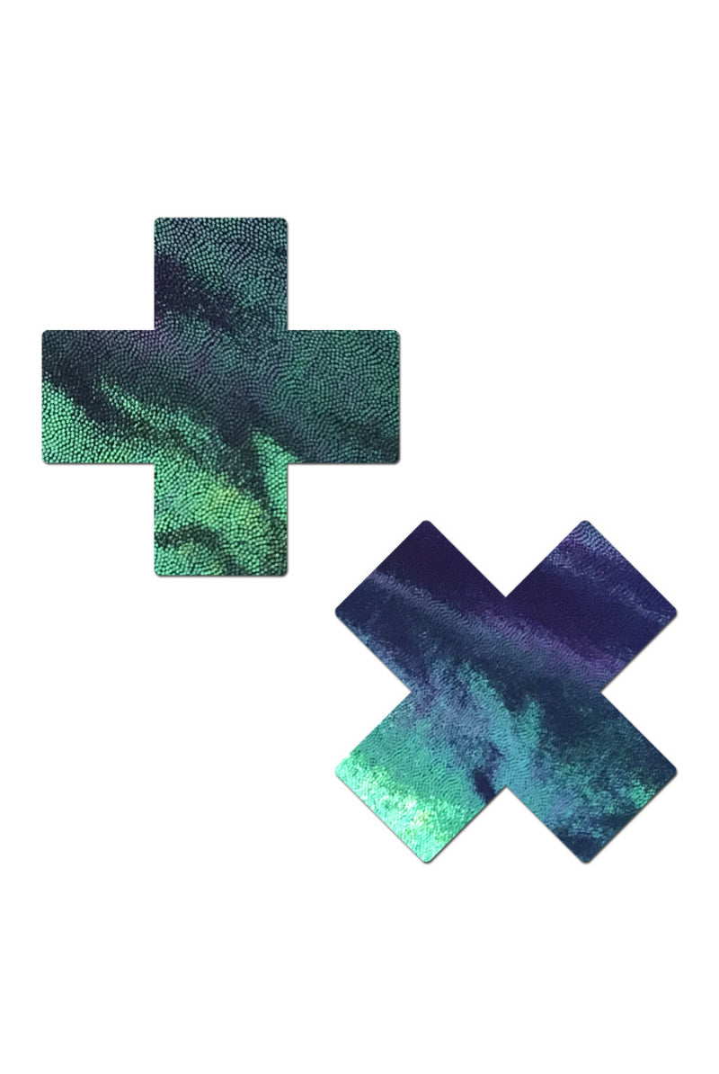 Pastease Cross Nipple Pasties - Iridescent Liquid Black-Pastease-Pole Junkie