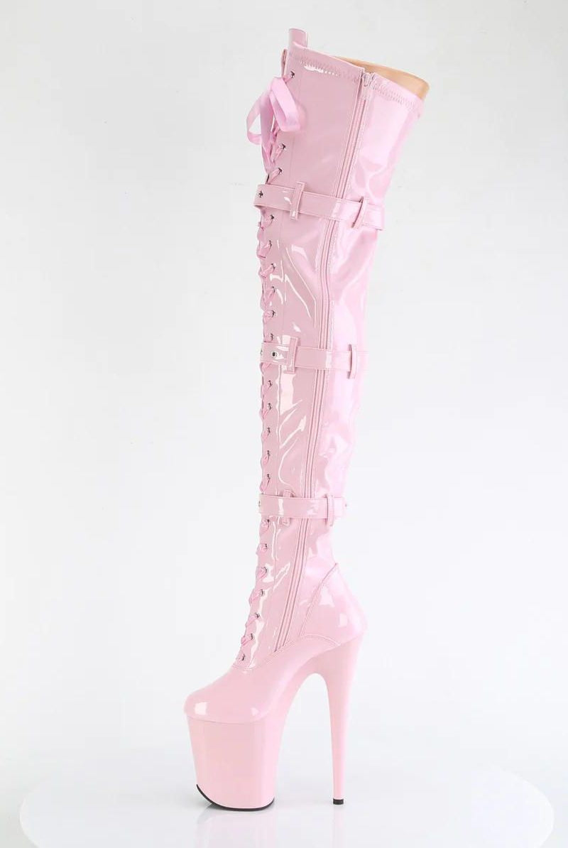 Pleaser USA Flamingo-3028 8inch Thigh High Pleaser Boots - Patent Baby Pink-Pleaser USA-Pole Junkie