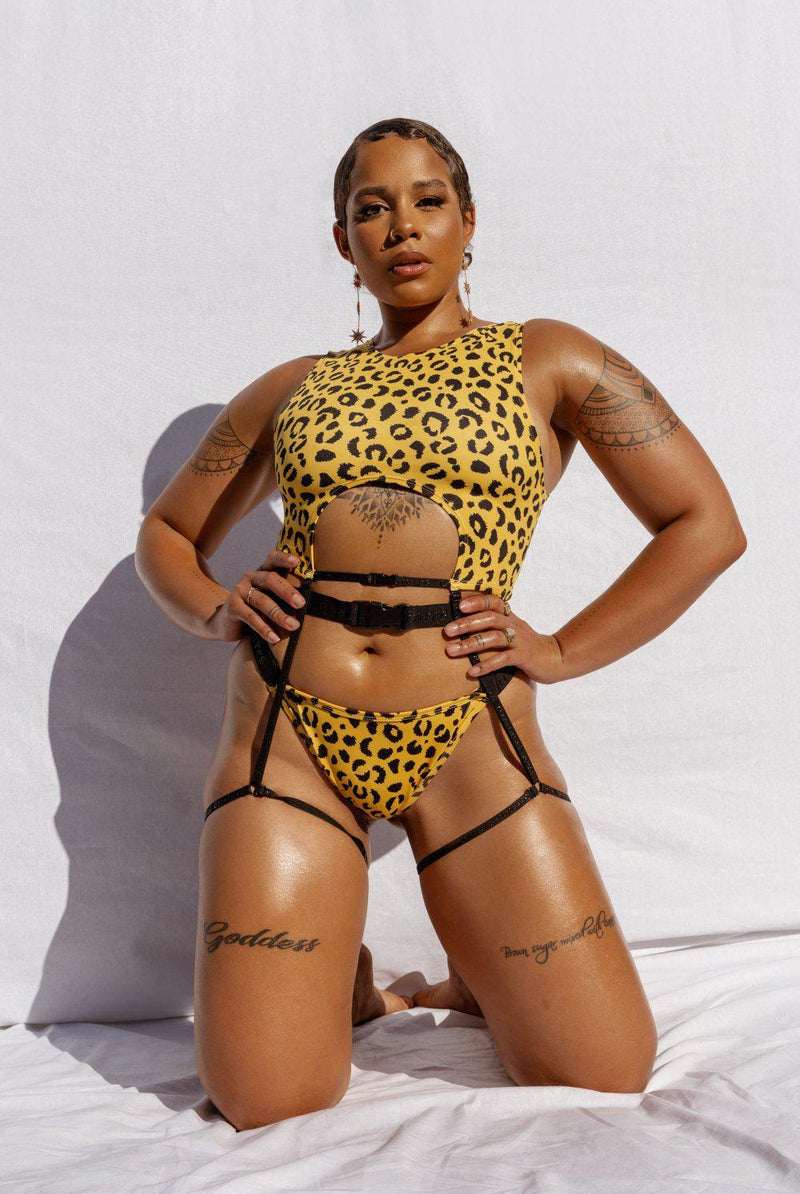 CXIX Buckle Up Garter Top - Yellow Leopard-Creatures of XIX-Pole Junkie