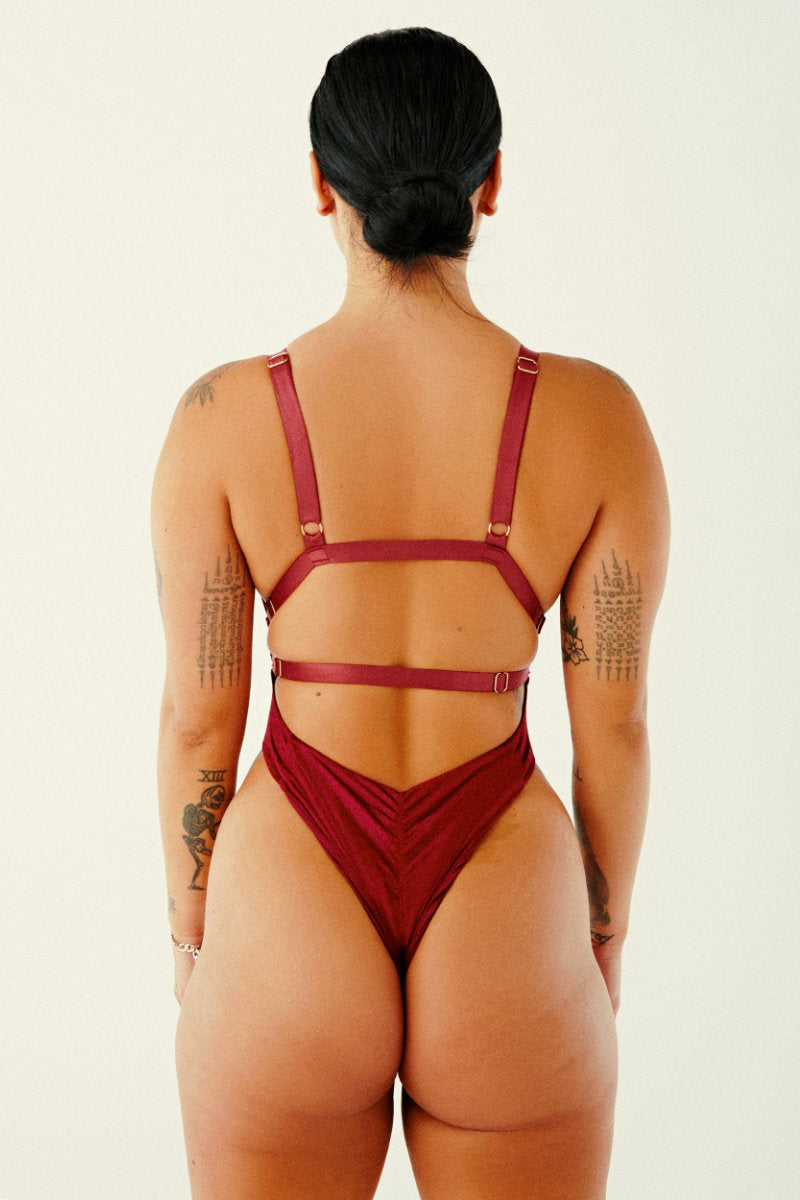 CXIX Aphrodite Bodysuit - Maroon Suede-Creatures of XIX-Pole Junkie