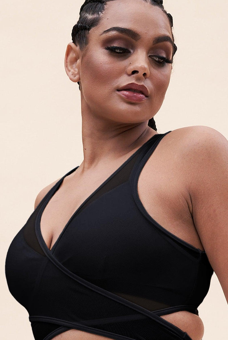 Lunalae Fiona Crossover Wrap Top - Black Mesh-Lunalae-Pole Junkie