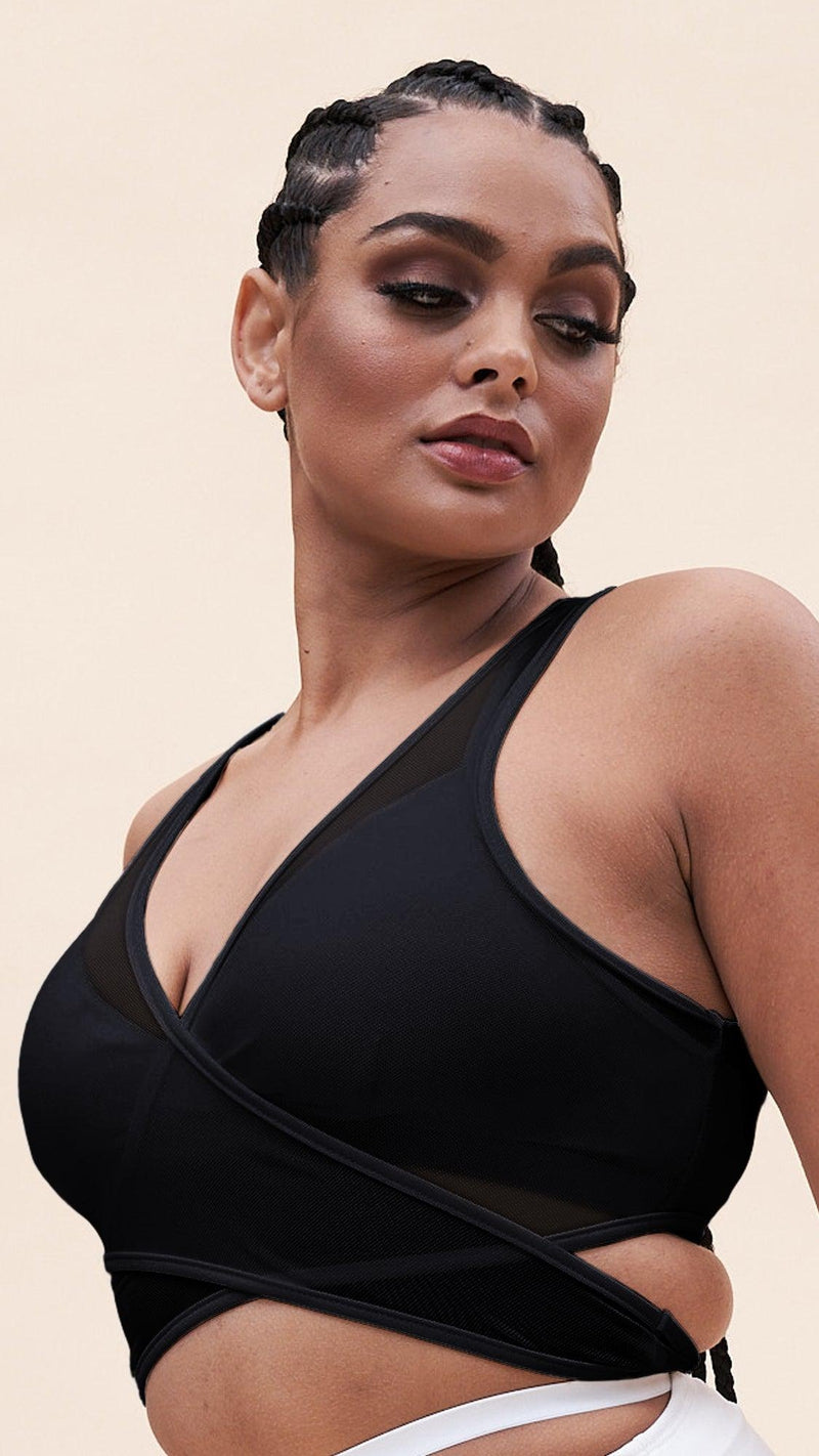 Lunalae Fiona Crossover Wrap Top - Black Mesh-Lunalae-Pole Junkie