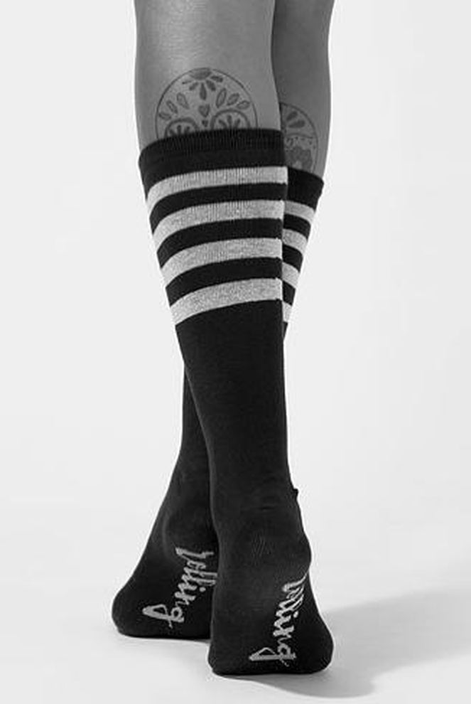 Rolling Calf High Socks - Black and White Striped-Rolling-Pole Junkie