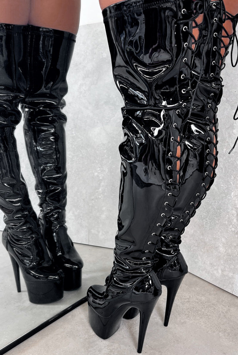 Hella Heels LipKit Thicc Thigh High Back Lace 7inch Boots - Black Beatle-Hella Heels-Pole Junkie