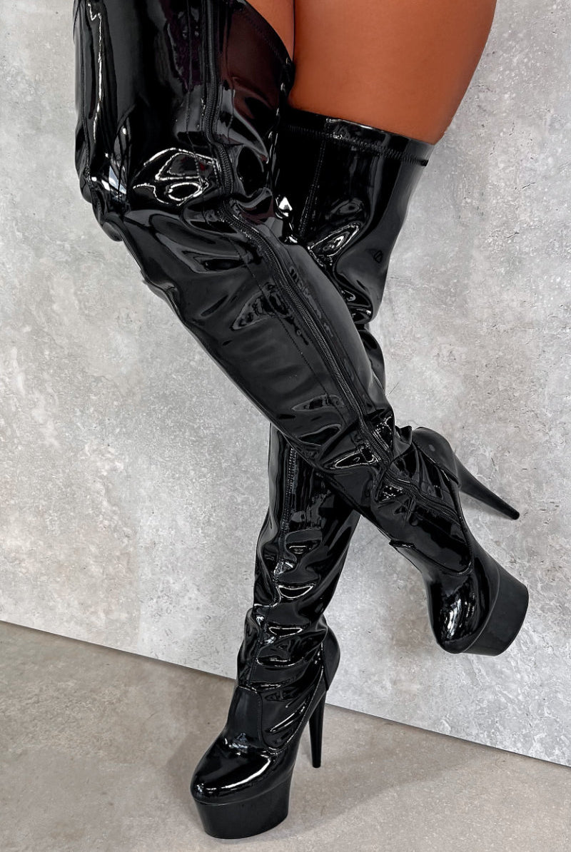 Hella Heels LipKit Thicc Thigh High Back Lace 7inch Boots - Black Beatle-Hella Heels-Pole Junkie