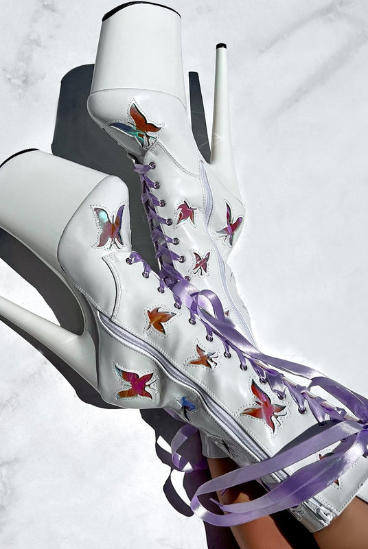 Hella Heels Butterfly 8inch Boots - White-Hella Heels-Pole Junkie