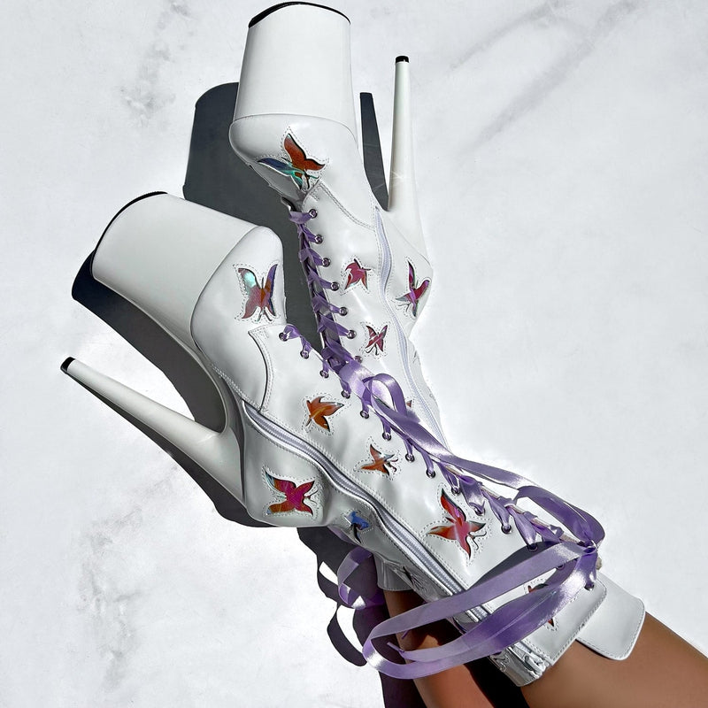Hella Heels Butterfly 8inch Boots - White-Hella Heels-Pole Junkie