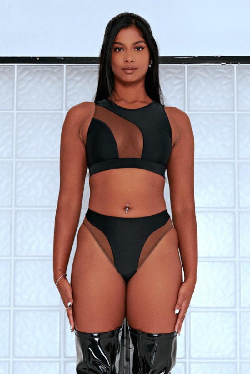 CXIX Silhouette Sports Bra - Black with Cocoa Mesh-Creatures of XIX-Pole Junkie