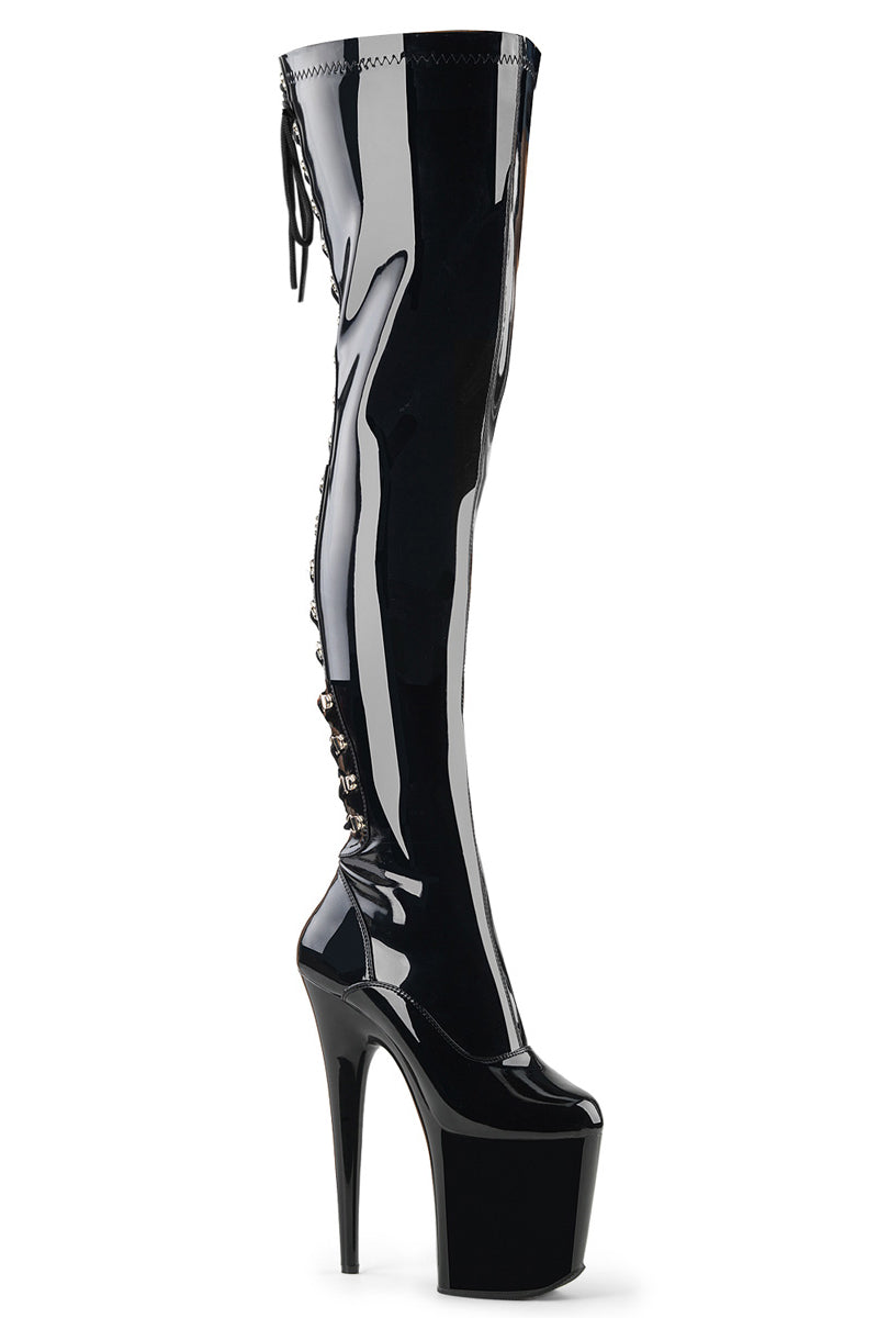 Pleaser USA Flamingo-3063 8inch Thigh High Pleaser Boots - Patent Black-Pleaser USA-Pole Junkie