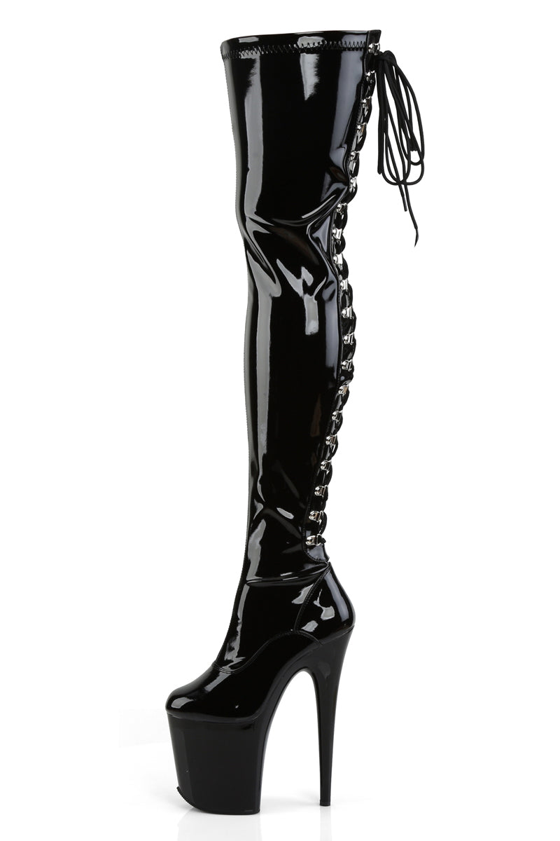 Pleaser USA Flamingo-3063 8inch Thigh High Pleaser Boots - Patent Black-Pleaser USA-Pole Junkie