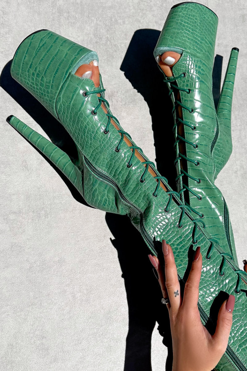 Hella Heels Killing Adam Open Toe Knee High Boots - 8inch-Hella Heels-Pole Junkie