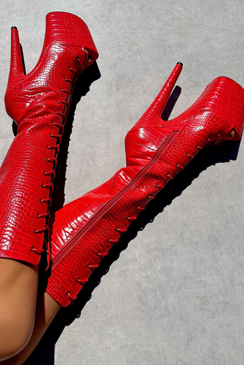 Hella Heels Out For Blood Open Toe Knee High Boots - 8inch-Hella Heels-Pole Junkie