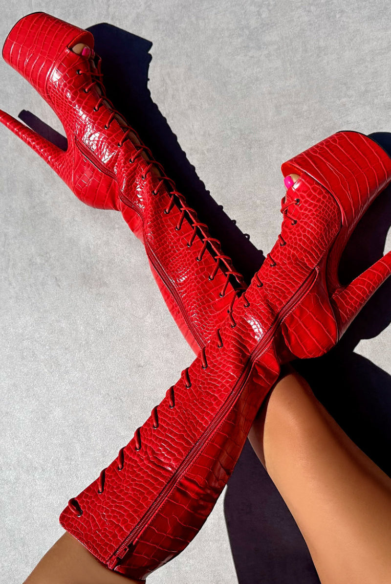 Hella Heels Out For Blood Open Toe Knee High Boots - 8inch-Hella Heels-Pole Junkie