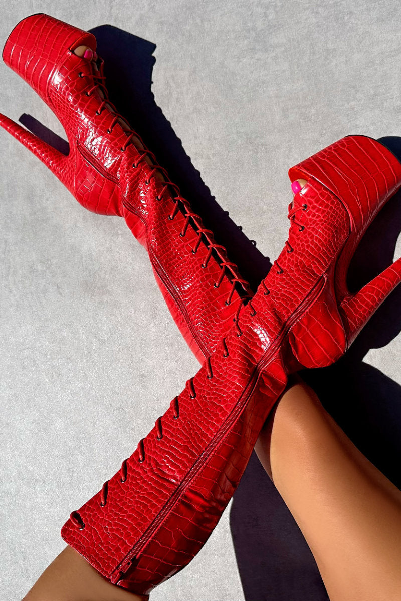 Hella Heels Out For Blood Open Toe Knee High Boots - 8inch-Hella Heels-Pole Junkie