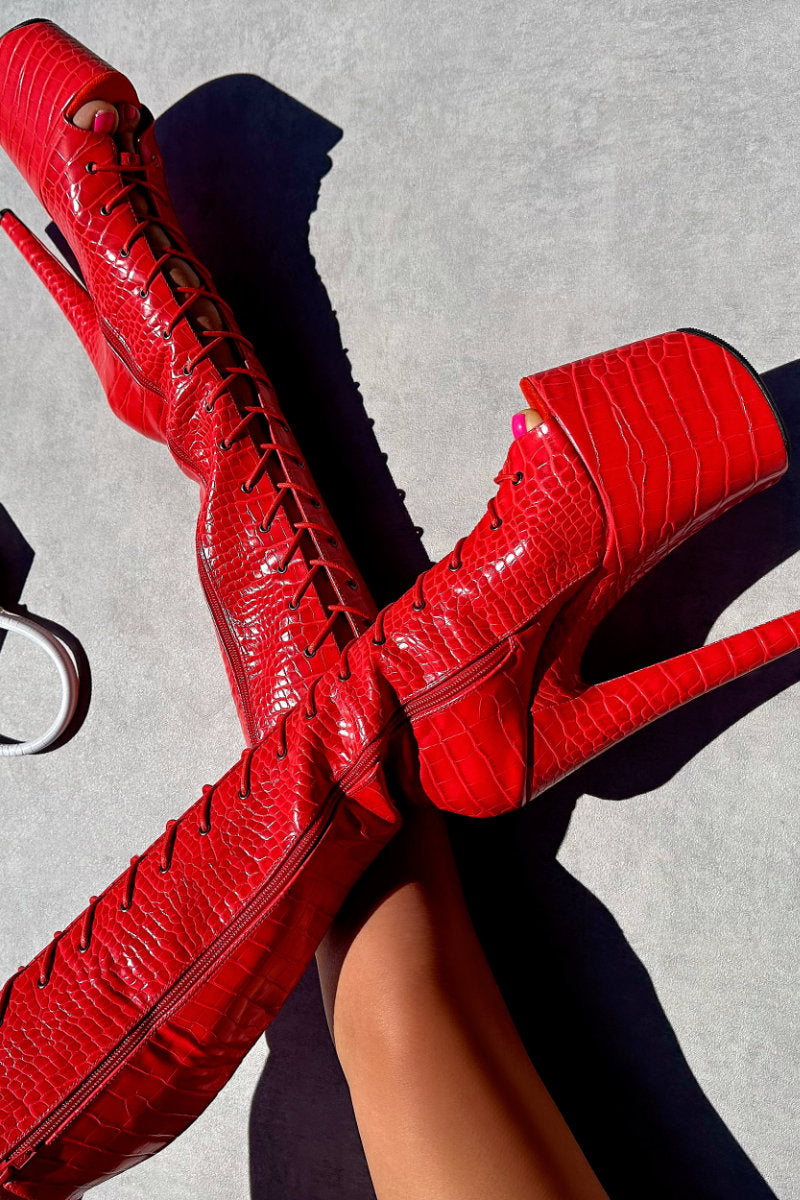 Hella Heels Out For Blood Open Toe Knee High Boots - 8inch-Hella Heels-Pole Junkie