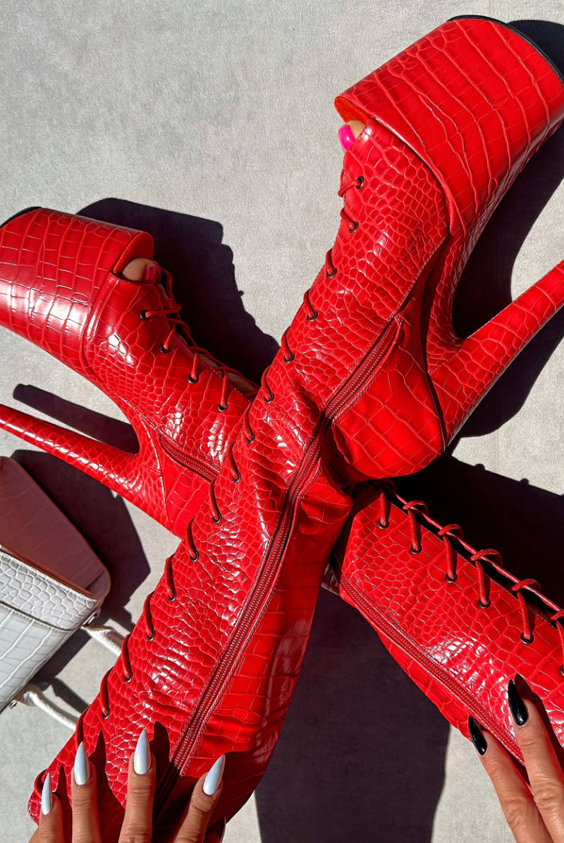 Hella Heels Out For Blood Open Toe Knee High Boots - 8inch-Hella Heels-Pole Junkie