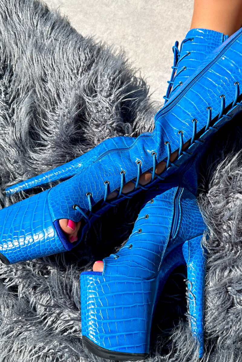 Hella Heels Electric Boa Open Toe Knee High Boots - 8inch-Hella Heels-Pole Junkie