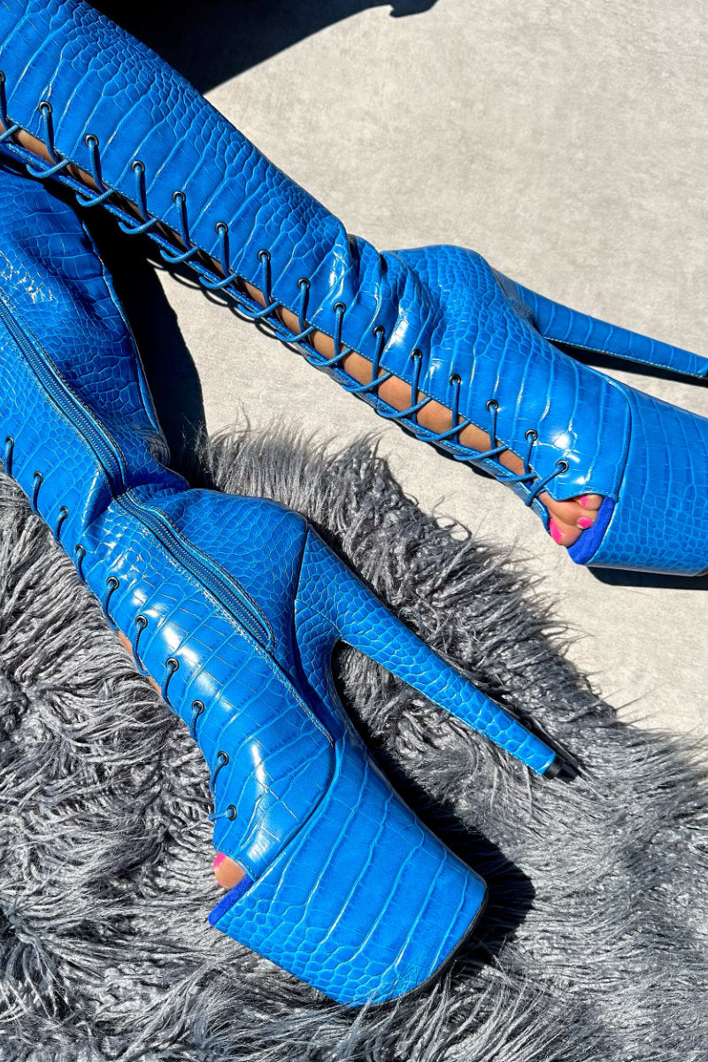 Hella Heels Electric Boa Open Toe Knee High Boots - 8inch-Hella Heels-Pole Junkie