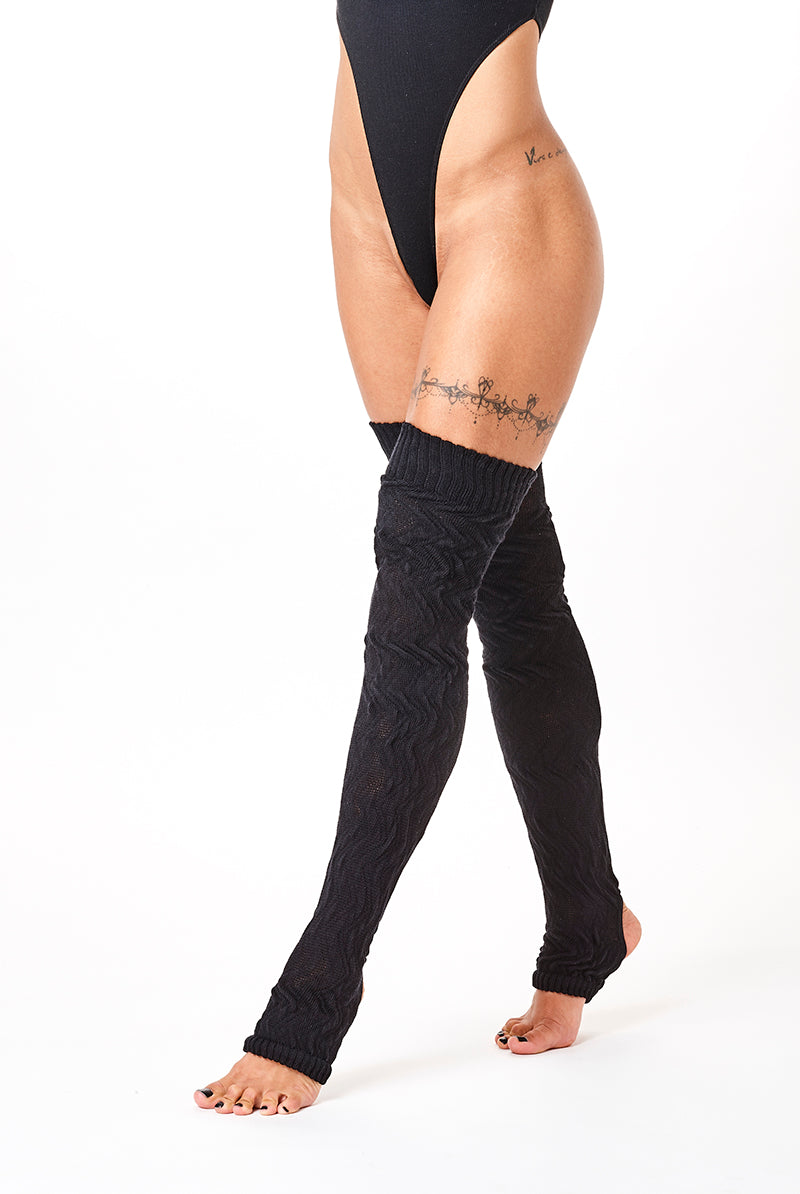 Rolling Cable Knit Thigh High Leg Warmers with Stirrups - Noir-Rolling-Pole Junkie