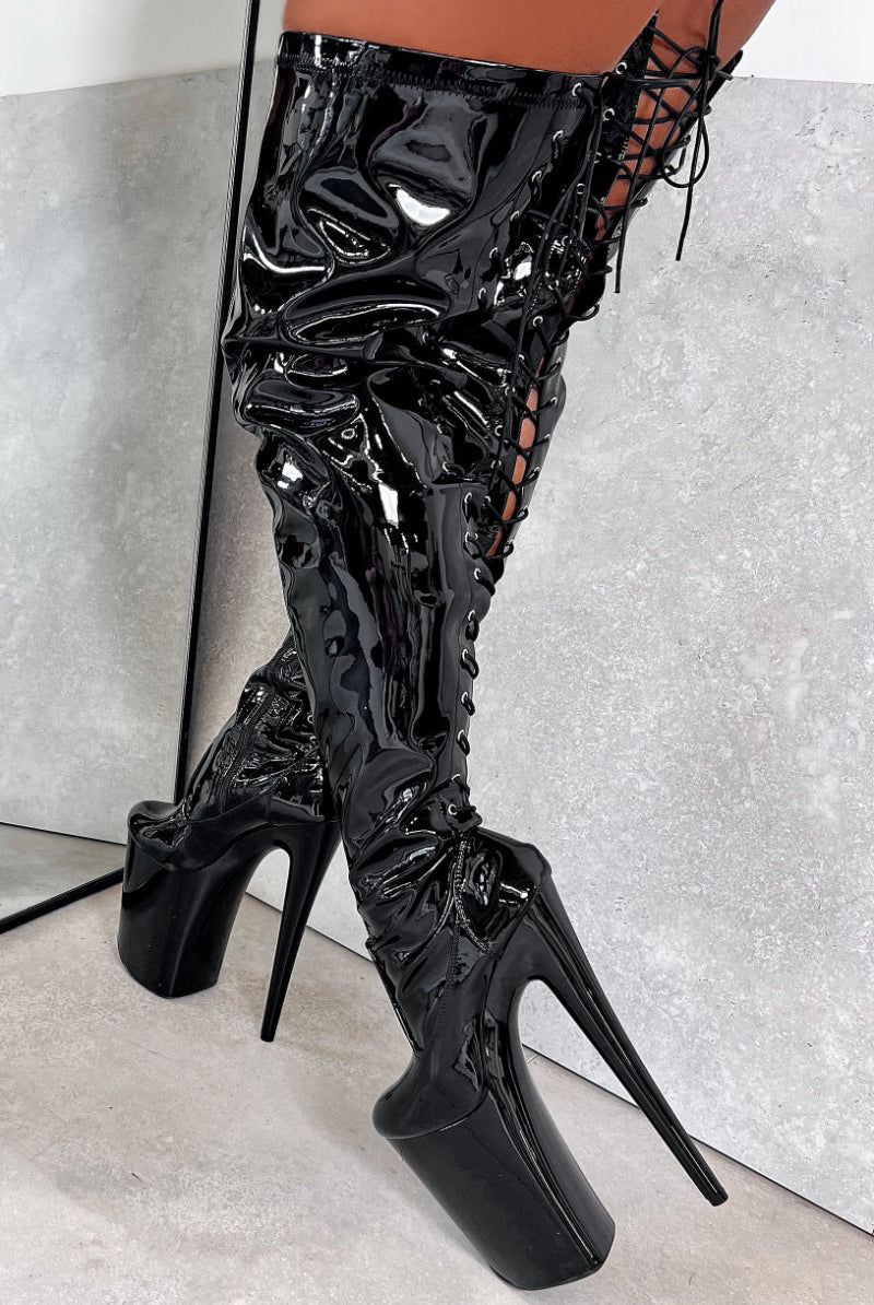 Hella Heels LipKit Thicc Thigh High Back Lace 9inch Boots - Black Beatle-Hella Heels-Pole Junkie