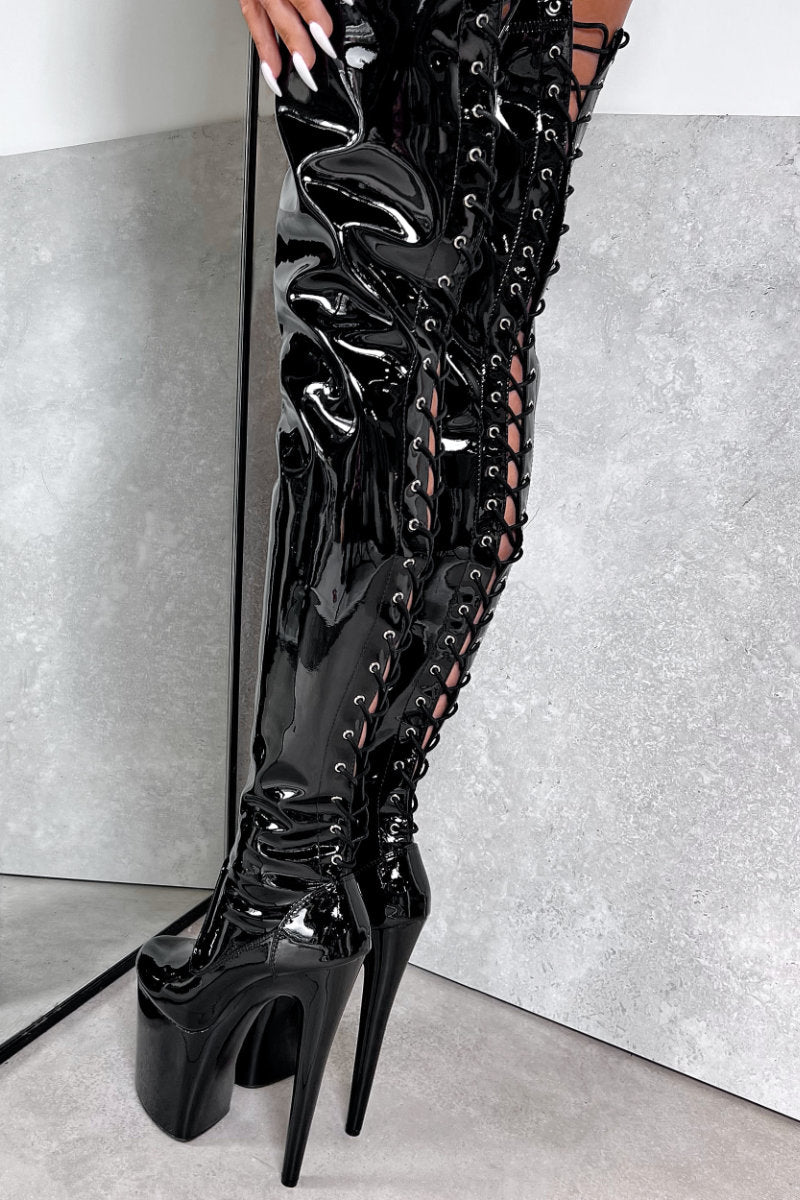 Hella Heels LipKit Thigh High Back Lace 8inch Boots - Black Beatle-Hella Heels-Pole Junkie