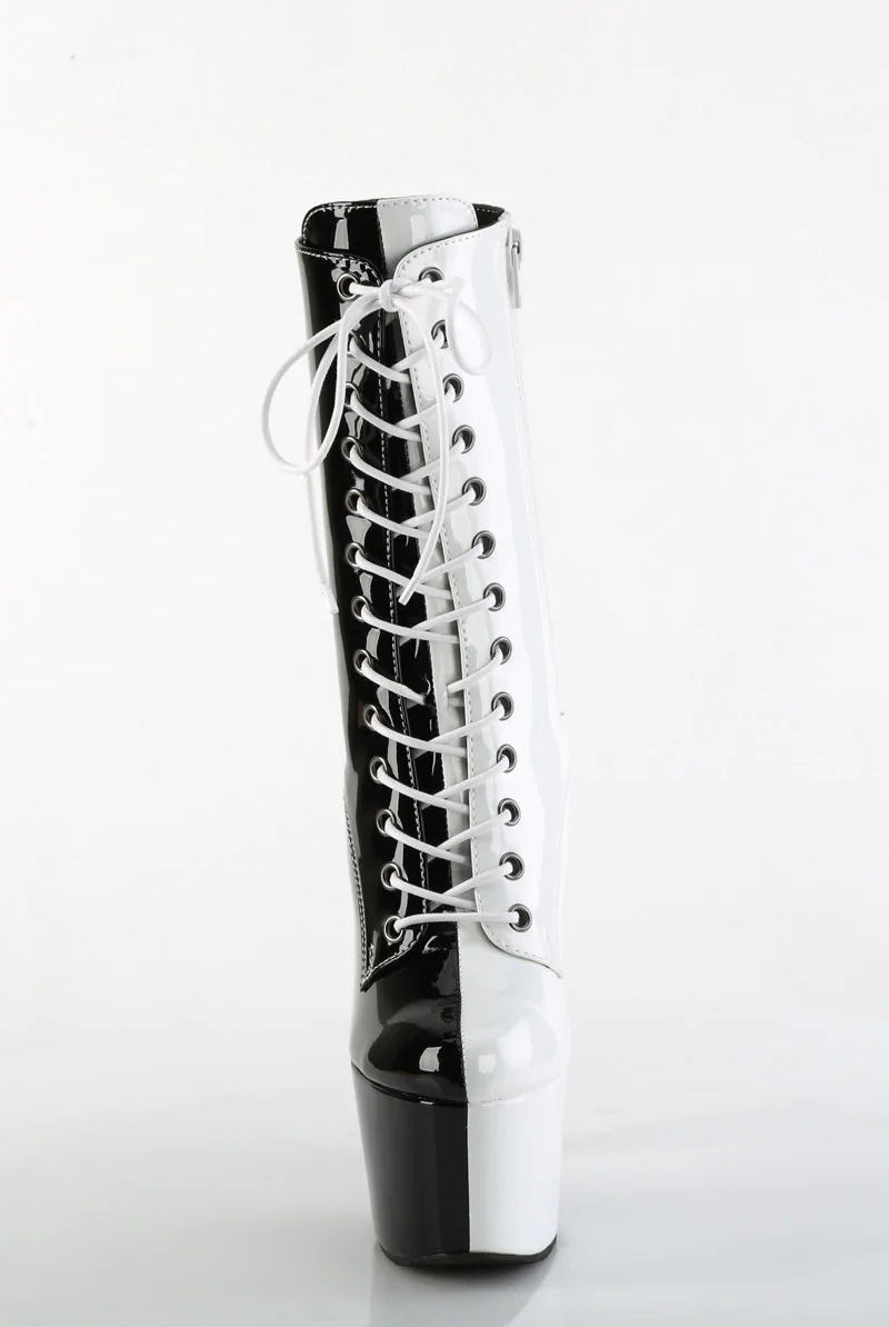 Pleaser USA Adore-1040TT 7inch Pleaser Boots - Patent Black/White-Pleaser USA-Pole Junkie
