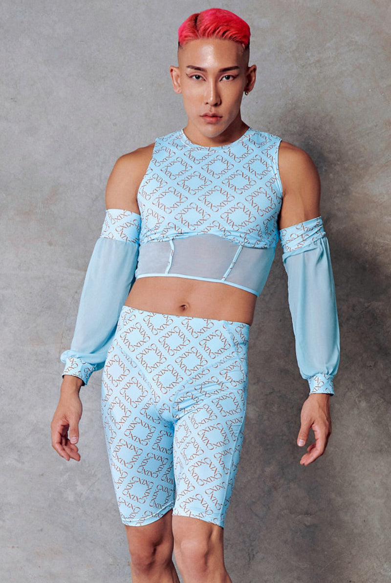 CXIX 119 Corset Top with Sleeves - Blue Print-Creatures of XIX-Pole Junkie