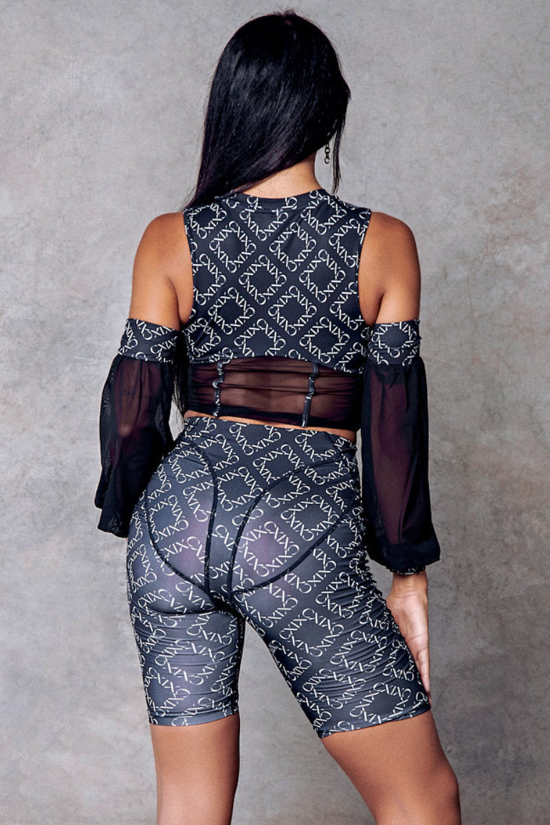 CXIX 119 Corset Top with Sleeves - Black Print-Creatures of XIX-Pole Junkie