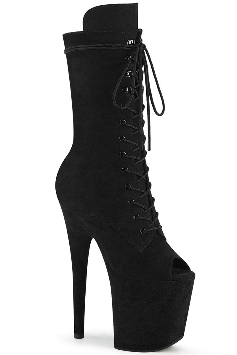 Pleaser USA Flamingo-1051FS Faux Suede 8inch Peep Toe Pleaser Boots - Black-Pleaser USA-Pole Junkie